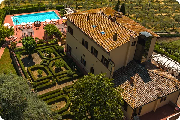 Aerial view of hotel and pool