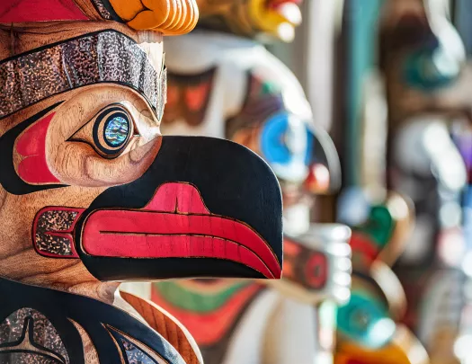 Close-up of totem pole carvings.