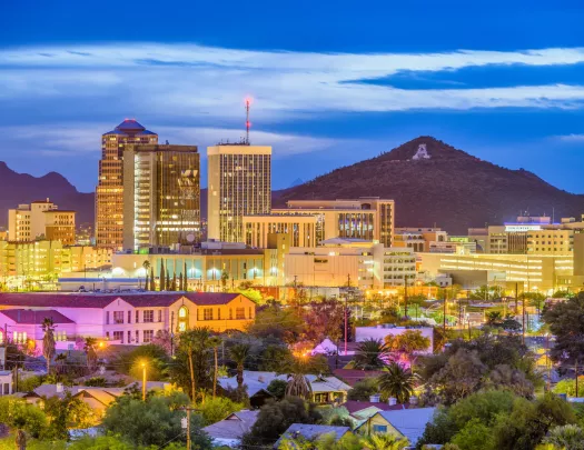 City illuminated by lights, with a large mountain in the distance
