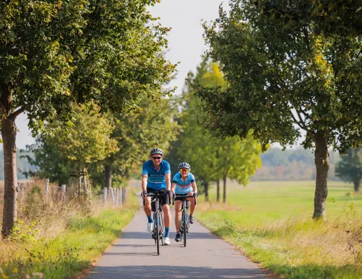 Man and woman biking on an empty path, surrounded by trees and large grass fields