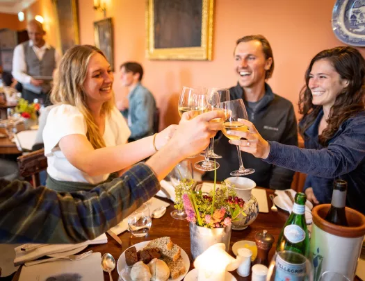 Group of people at a dining table raising their wine glasses