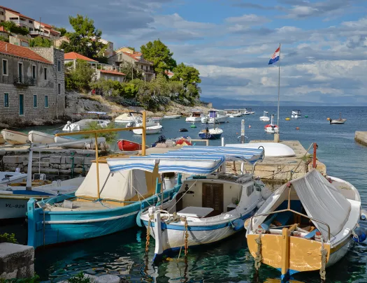 Wide shot of Croatian pier, numerous boats, coastal houses.