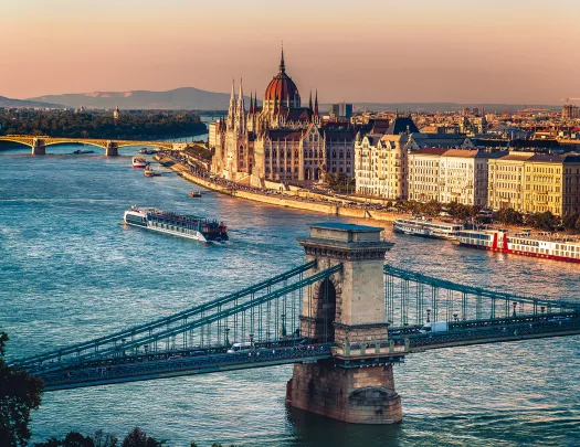 Cruise ships on the Danube River in Budapest.