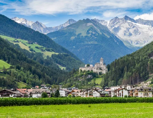 Wide shot of Campo Tures, Taufer's Castle in center.