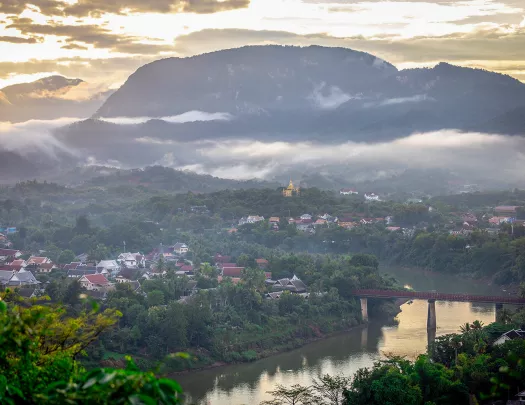 A small town by a mountain