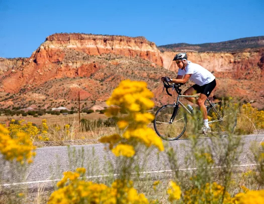 Man riding a bike on a road with orange canyons in the background