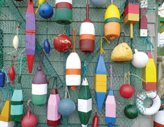 Shot of numerous different styles and colors of buoys.