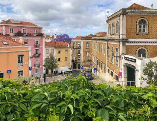 A view of Portugal, colorful apartment buildings.