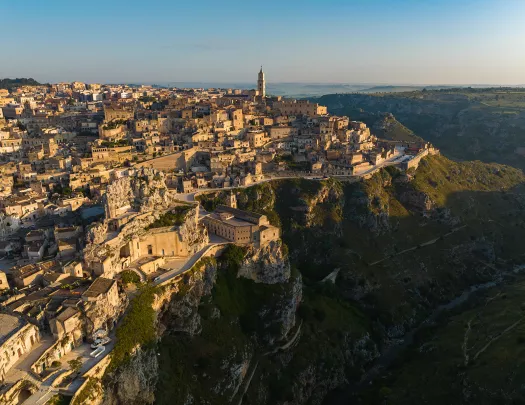 Bird's eye shot of Matera, Italy.