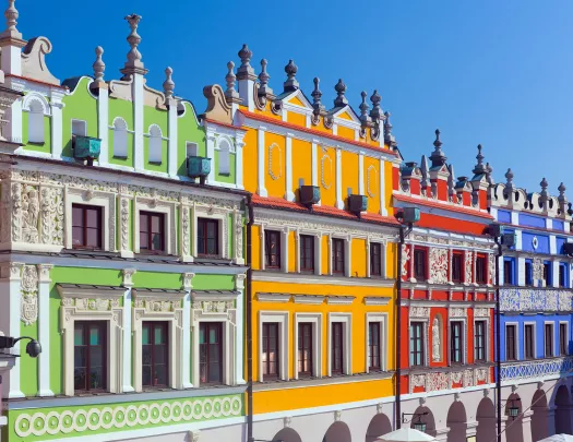 Rows of colorful painted apartments in Austria.