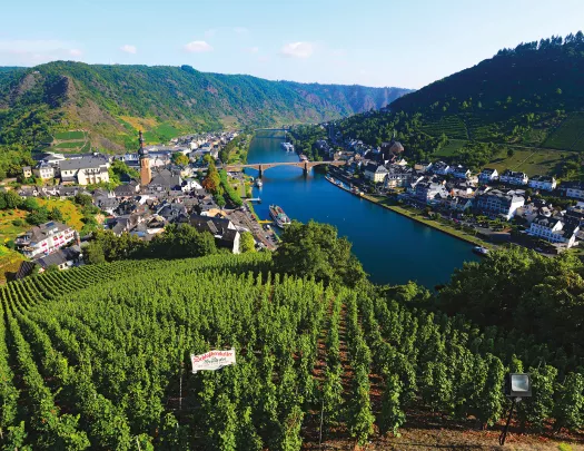 Ariel view of town, river, and bridge