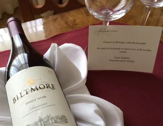 Close-up of Biltmore wine bottle and glasses.