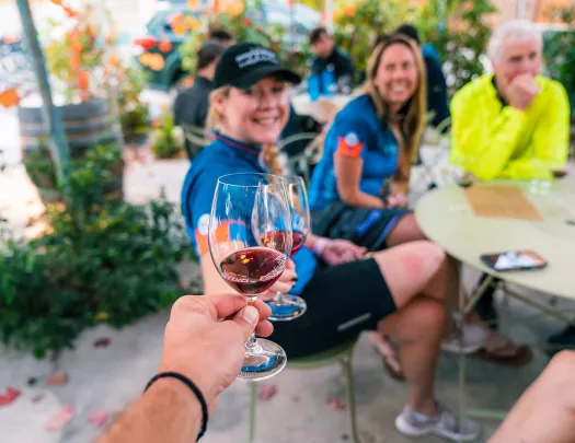 Guests cheersing wine glasses, POV shot.