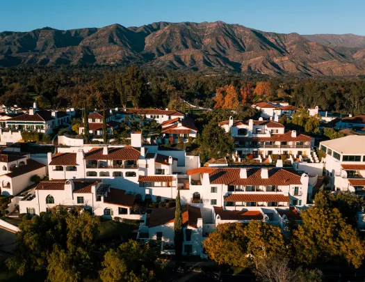 Bird's eye shot of the Ojai Valley Inn during sunset.