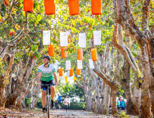 Man biking under colorful flags