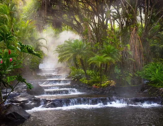Natural hot spring waterfall, with small steps, surrounded by exotic trees and plants