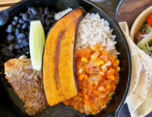 Plate of food with beans, rice, vegetables, grilled fish, and a plantain