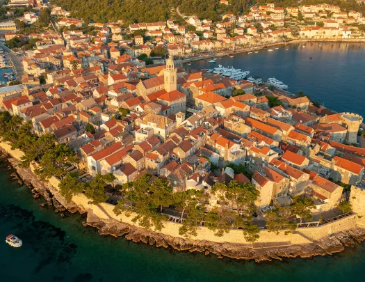 Bird's eye shot of Korcula during sunset.
