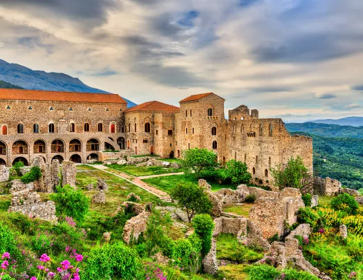 Wide shot of the Castle of Mystras and it's surrounding jungle.