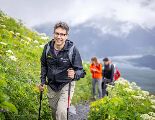 Man with walking sticks climbing up grassy hill