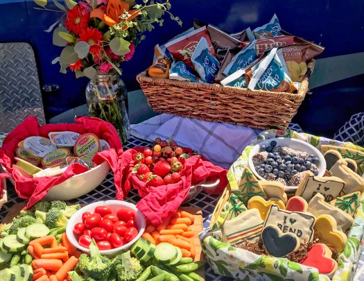 Lunch spread, fresh veggies, chips and cookies visible.