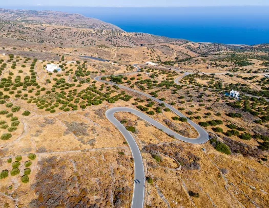 Bird's eye shot of golden coastline road, village, ocean in distance. 