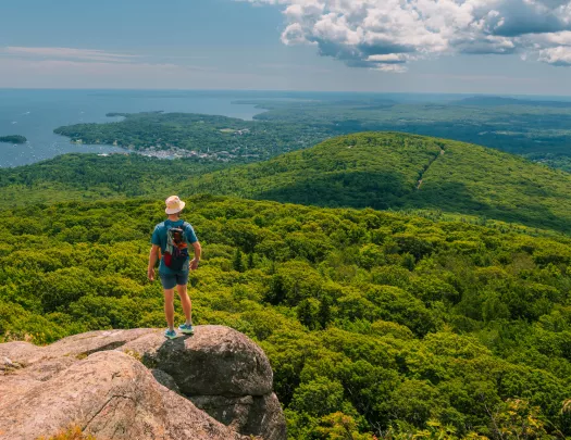 Man standing on the edge of a cliff, looking out towards a jungle