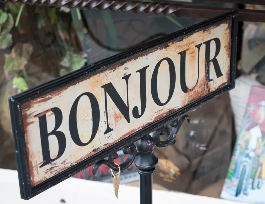 Rustic sign reading "BONJOUR".