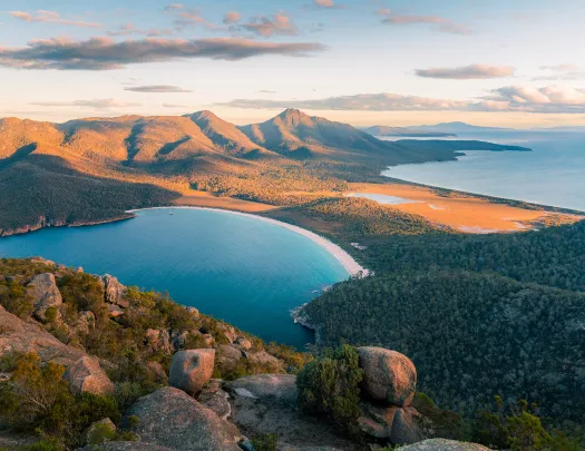 Hilltop view of a lake and other hills