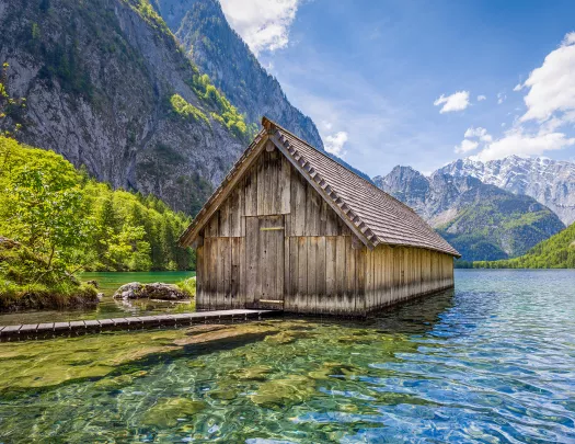 A wood house in a lake
