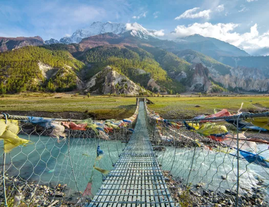 Metal bridge with color flags along the ropes