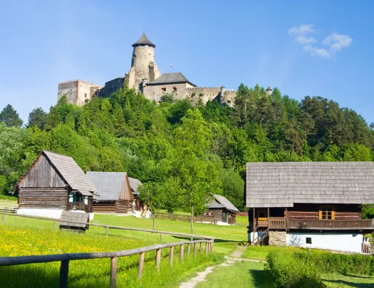 Barns on a green filed below a mountain with a castle on it