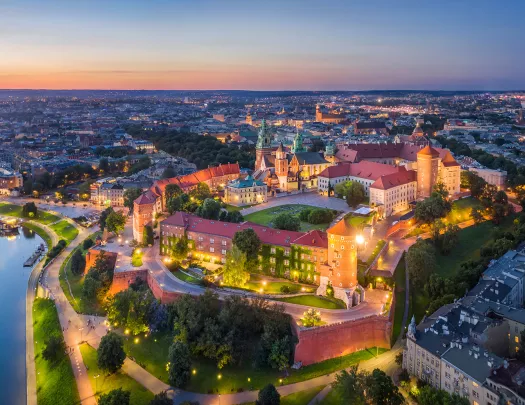 Aerial view of glowing European city at night.