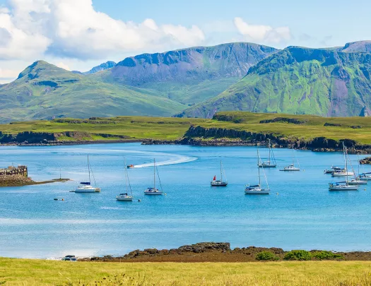 Multiple boats floating in a large lake
