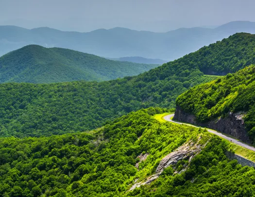 Wide shot of mountain road, overlooking large forested mountains.