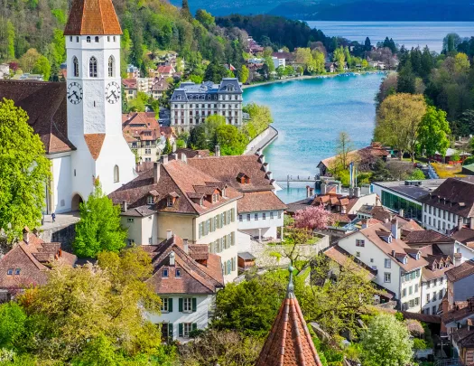 Wide shot of Thun Castle.