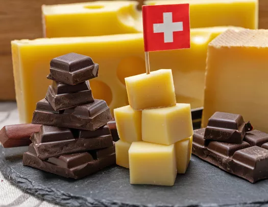 shot of cheese, chocolate, mini Swiss flag.