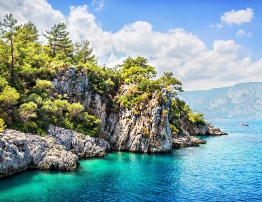 Shot of craggy, tree laden cliff, blue water below, mountains in distance.