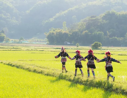 Thai people in traditional clothes running through a green field