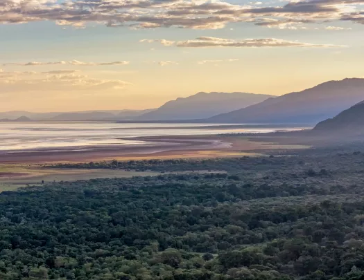 Panoramic view on Manyara Lake at sunset. Manyara Lake National Park, Tanzania.
