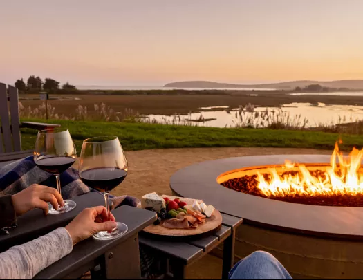 Outdoor fire pit with two glasses of wine and a charcuterie board 