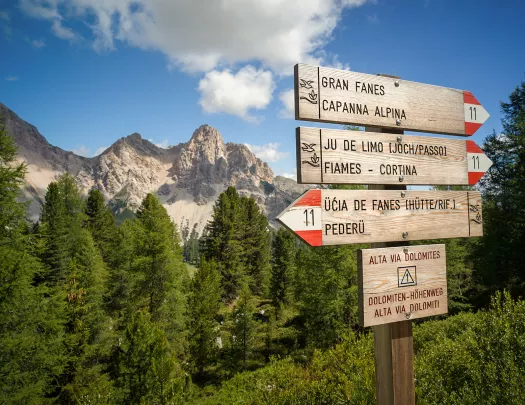 Shot of Dolomite signage, numerous trails listed.