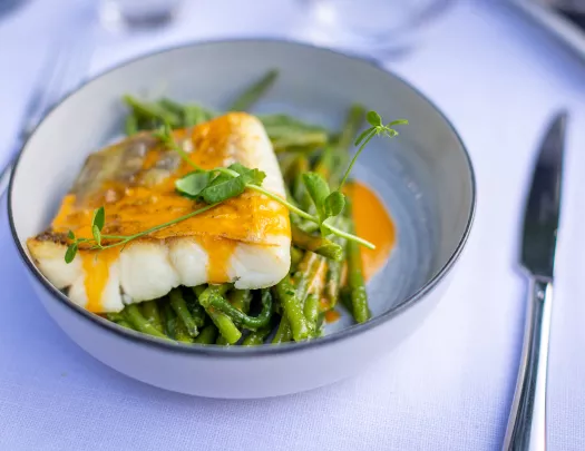 Plate of pan fried fish with an orange sauce, bed of greens.