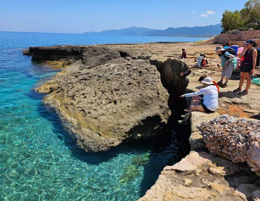 Group of guests sitting on small cliff over ocean, large boulder in water in front of them.