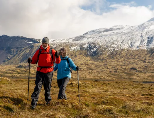 Man and woman with hiking poles, walking in an open valley
