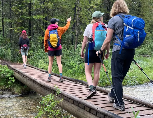 Group of women each wearing backpacks and hiking in the middle of a forest