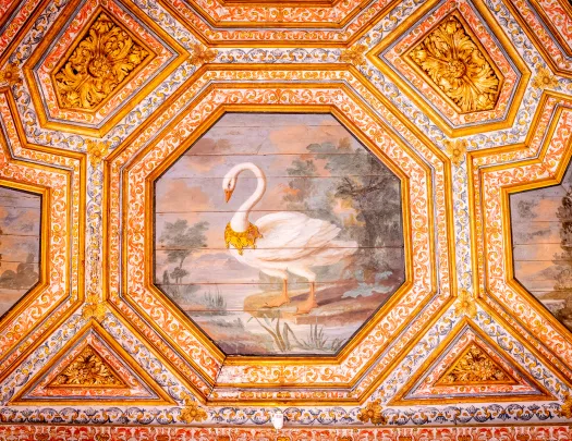 Shot of colorful, painted roof art.