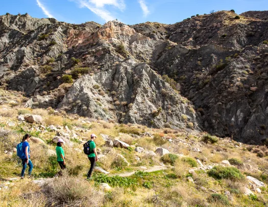 Group of three hiking in desert, craggy hill in background.