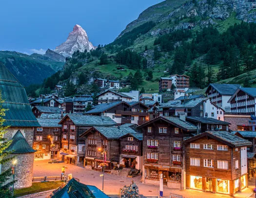 Nighttime shot of Zermatt, SW. Matterhorn in distance. 