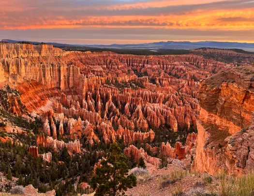 Sky view of a valley of orange canyons with the sunset in the distance